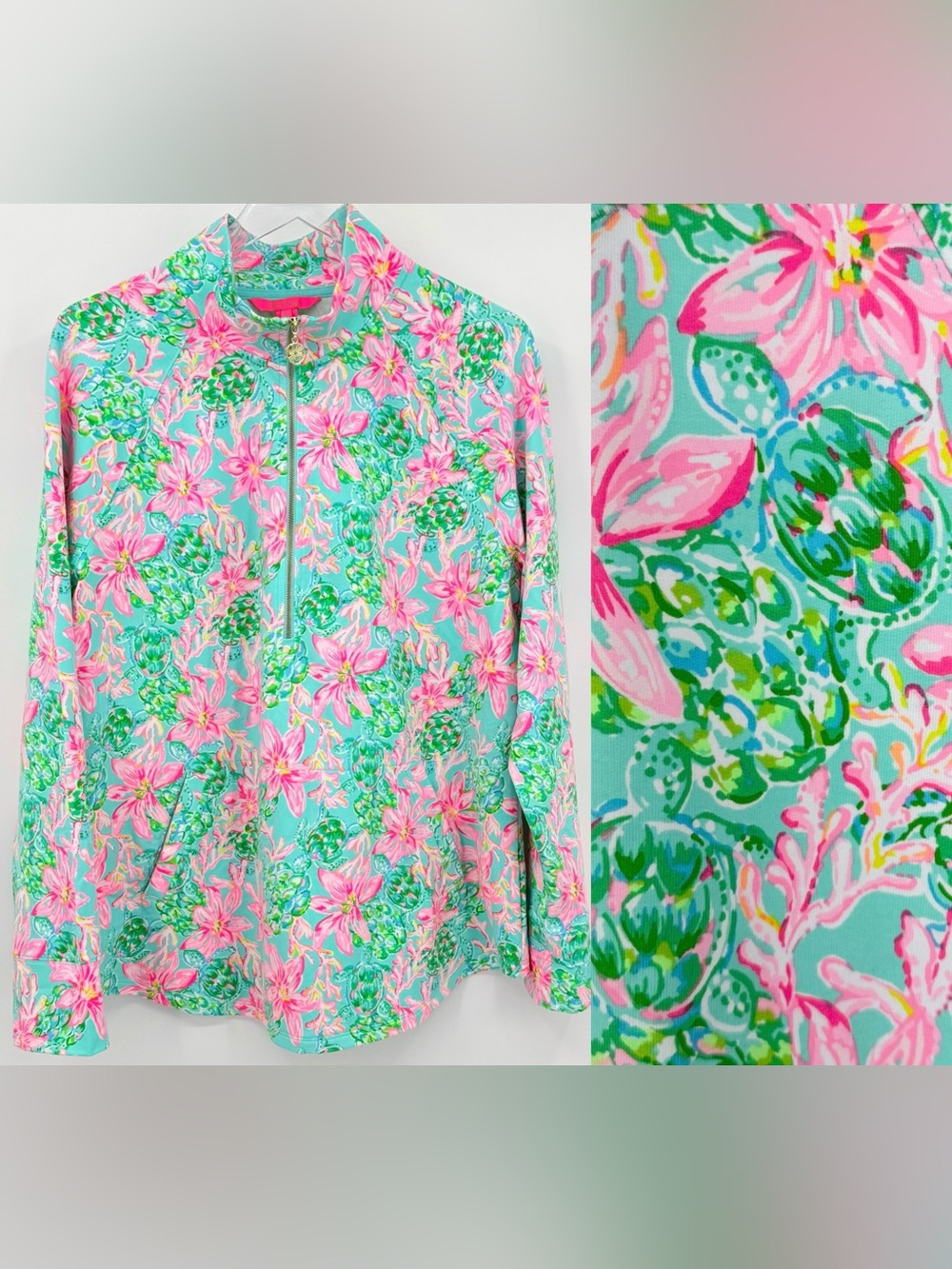 Lilly Pulitzer Skipper Popover Blue So Shellegant Sea Turtle Floral UPF 50 XL